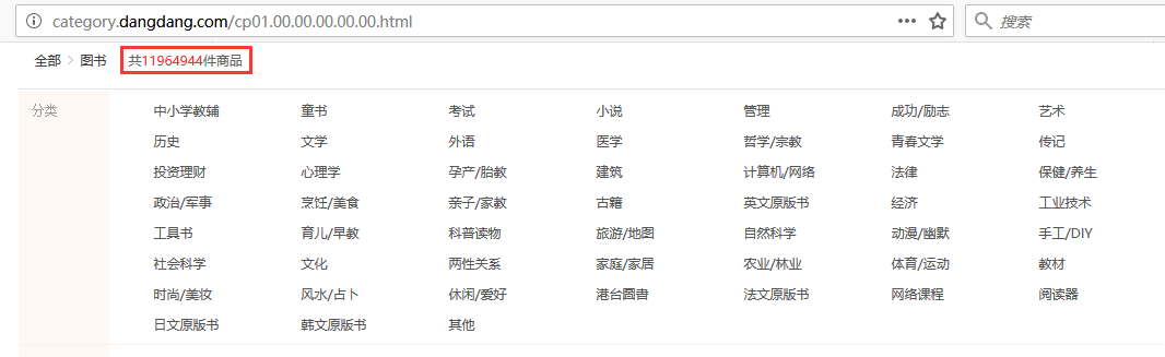 当当网图书分类列表首页截图