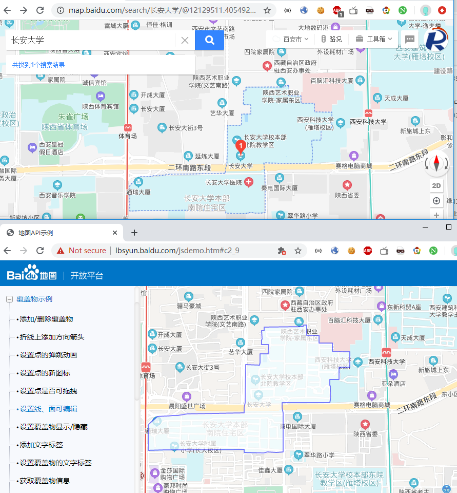 POI长安大学在百度地图上的边界